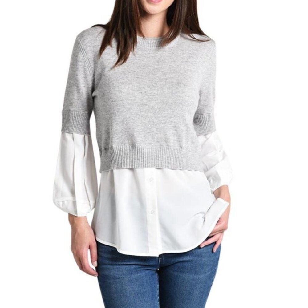 BROCHU WALKER The Ebella Layered Crew Sweater  Size M, Gray/White